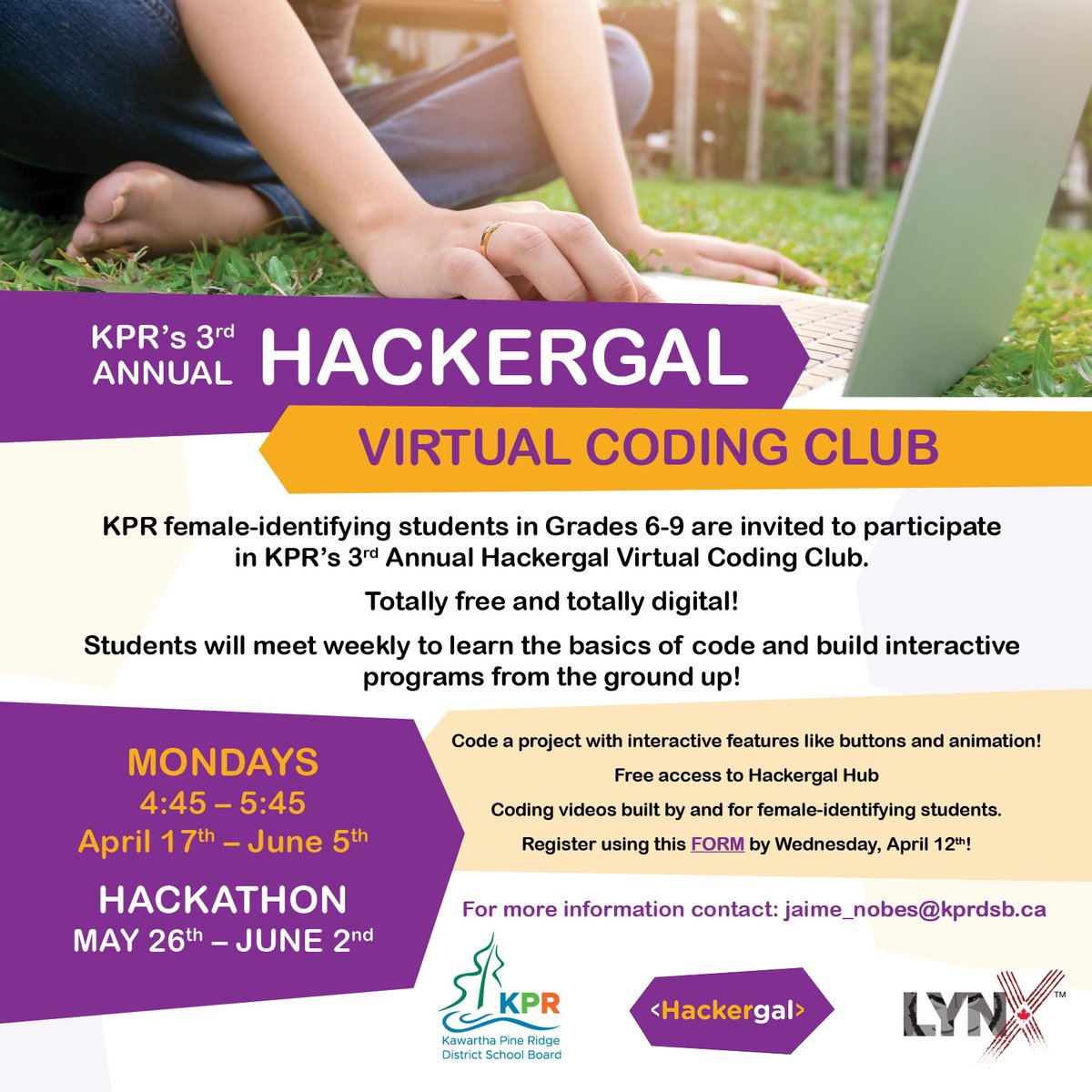 Female-identifying students in Grades 6 to 9 are invited to learn text-based code in a free virtual coding club hosted by KPR & @thehackergals! After school sessions will be held weekly on Mondays from 4:45 - 5:45 pm. Register online before April 12th bit.ly/3Kt1W1l