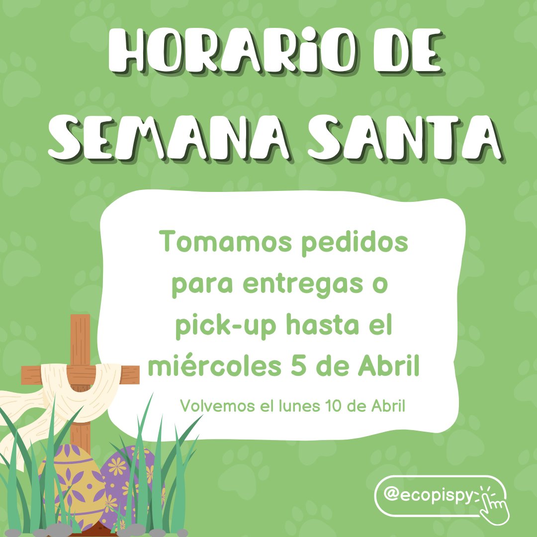 Ecopispy's tweet photo. Horario de Semana Santa 🙌🏻

•Tomamos pedidos para entregar o pick-up hasta el miércoles 5 de Abril
Volvemos y también agendamos los recambios de césped desde el lunes 10 de Abril 🙌🏻✨🐾

📲 WhatsApp
https://t.co/oinZwW75zh

#EcoLove💚 #EcoPispy #BandejaSanitaria  #semanasanta https://t.co/ttvTYTCIO2