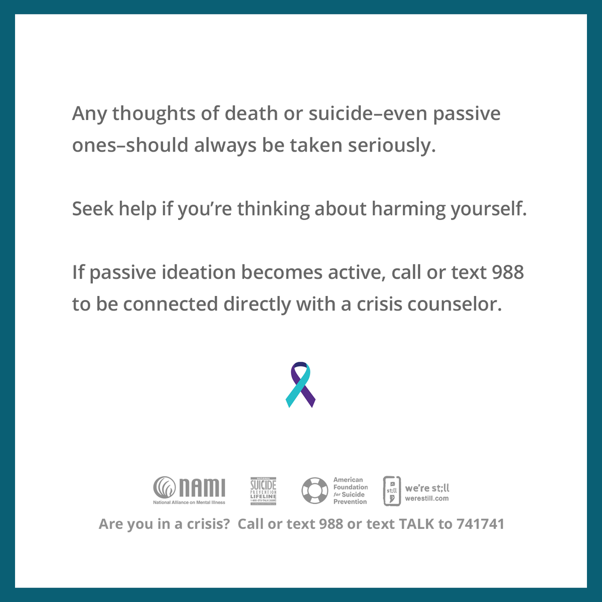 Passive suicidal ideation is the desire to die without a plan to achieve that result. If you're plagued by thoughts of ending your life, passive or active, seek professional help. 

#stillhere #mentalhealth #mentalhealthawareness #mentalhealthmatters #suicide #endthestigma
