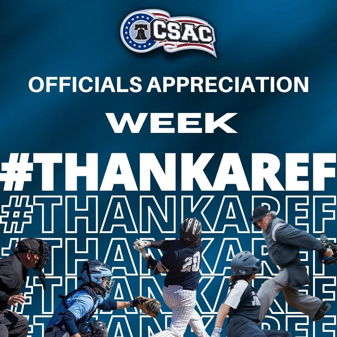 CSACsports's tweet photo. The Colonial States Athletic Conference is celebrating Spring Officials’ Appreciation Week! (April 3-9) 

We appreciate the time and effort that each of our officials &amp; coordinators put into each event for a competitive and safe environment for our student-athletes! 

#thankaref https://t.co/ElNp2j4i7C