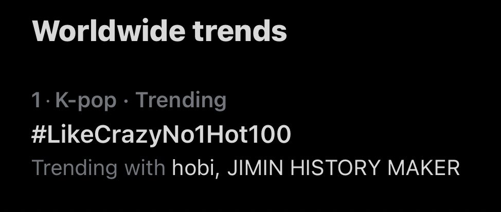 VoteWithARMY's tweet photo. #LikeCrazyNo1Hot100, hobi and JIMIN HISTORY are all trending at #1 worldwide! https://t.co/v7RgXfRxpr