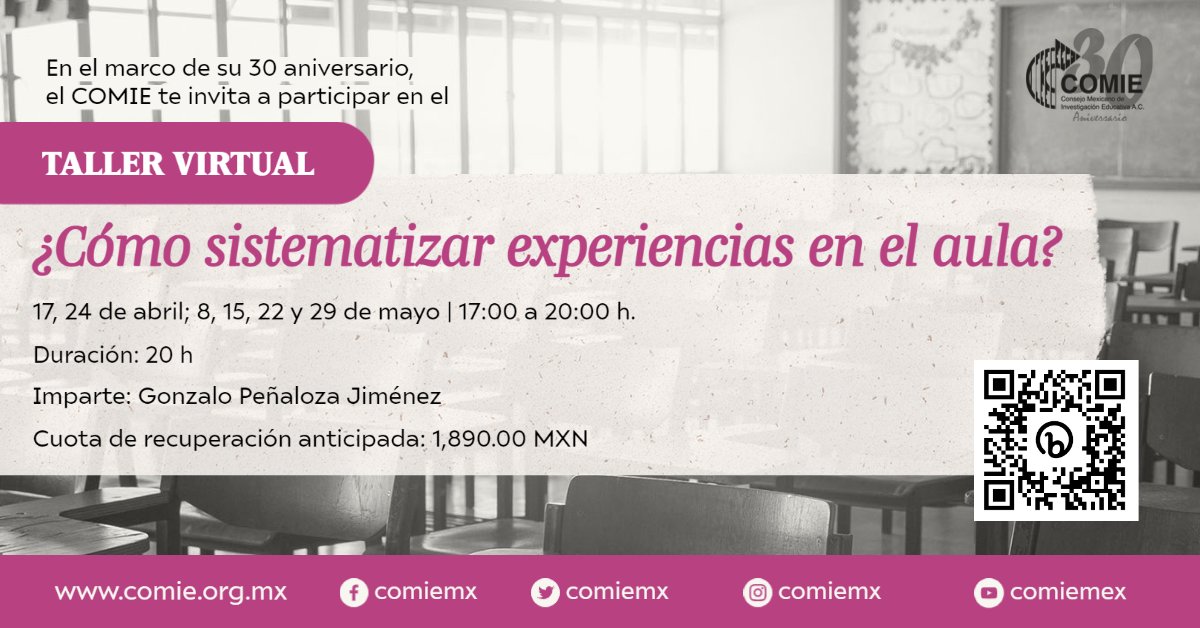 comiemx's tweet photo. #COMIE30 | Te invitamos a participar en el taller virtual: ¿Cómo sistematizar experiencias en el aula?
📆 Inicia: 17 de abril de 2023, 17:00 a 20:00 h
🔗Programa: https://t.co/rkFgAWVyn4
✅Registro: https://t.co/Ntu2CS0Pyg https://t.co/6hztLtSSl4