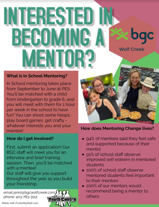 pes.wolfcreek.ab.ca/home/news/post… - 
INTERESTED IN BECOMING A MENTOR?
In school mentoring takes place from September to June at Ponoka Elementary School. We are always looking for another great match! 
Phone - 403.783.3112
Email - jenni@bgcwolfcreek.com
Check out the flier for details!
