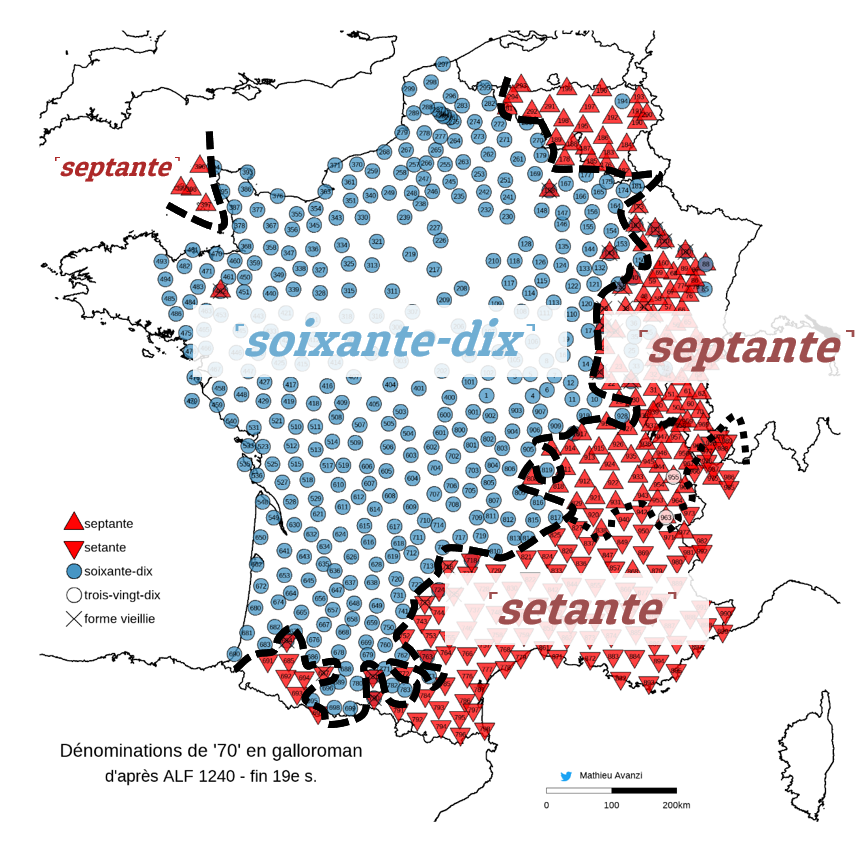 Système décimal ou vigésimal? Dénominations du cardinal "70" dans les parlers galloromans (fin du XIXe s.), d'après ALF 1240