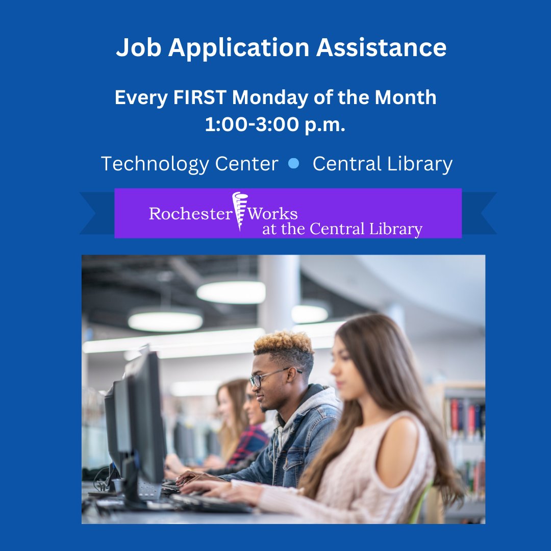 RochesterWorks's tweet photo. COME OUT AND SEE US! RochesterWorks staff is at the Central Library this afternoon to help job seekers with their job application needs! No appointment needed!
#jobapplicationhelp #jobseekers #rochesterjobs #helpwithapplying https://t.co/5Ip6sNLxbK