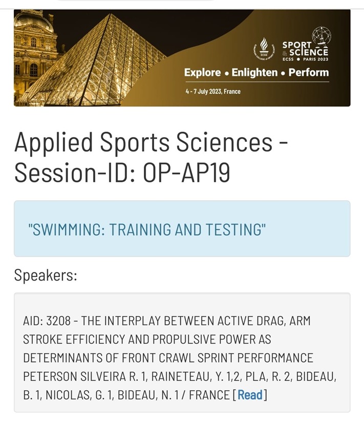 Happy to see that our work discussing the interplay between Drag, efficiency and power will open the "Swimming: Training and Testing" session at the ECSS 2023 😃
<a href="/anrNePTUNE/">NePTUNE</a> 
<a href="/m2slab/">M2S Lab</a> <a href="/FFNatation/">FFN</a> 

<a href="/YannisRaineteau/">Raineteau Yannis</a> <a href="/RobiinRoad/">Robin PLA</a>
<a href="/benoitbideau/">benoit bideau</a> <a href="/GuilNicolas/">Guillaume Nicolas</a> <a href="/NicoBideau/">Nicolas Bideau</a>