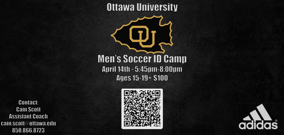 We are excited to announce that registration for the 2023 Ottawa University Men’s Soccer Spring ID Camp is NOW OPEN! 

Camp information and registration can be found by scanning the QR Code below. 

Hurry while spots are available, Registration closes Friday, April 7th.