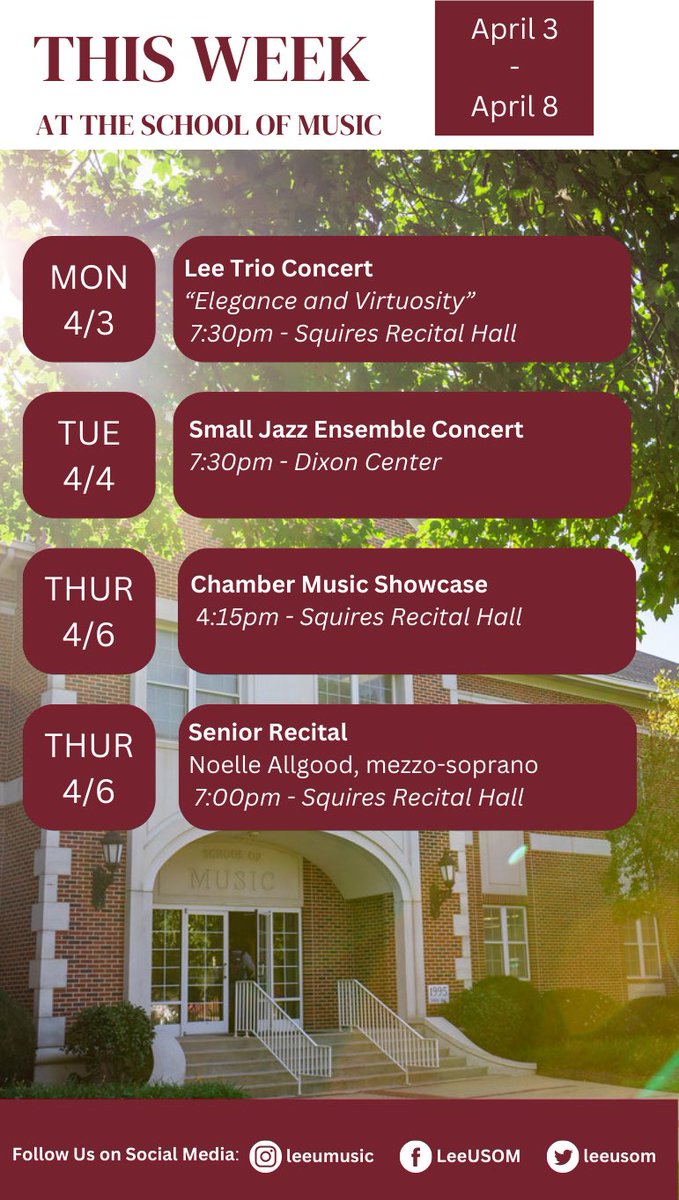Don’t miss out on all of the great concerts happening on campus this week!

#leeusom #musicwithpurpose #leeuniversity