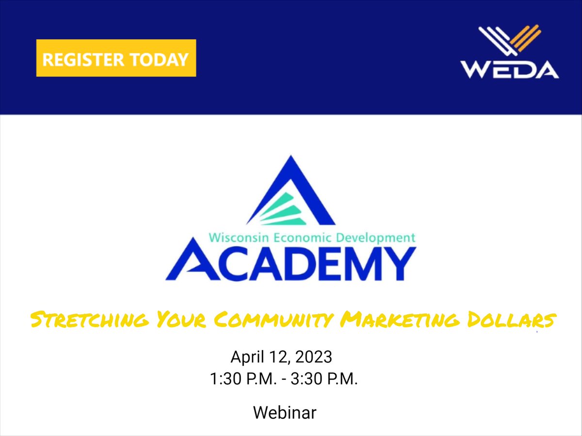 This <a href="/WiEconGrowth/">Wisconsin Economic Development Association</a> Academy webinar - Stretching Your Community Marketing Dollars - will provide participants with an introduction to valuable tools and techniques for talent attraction and other critical initiatives.

Learn more: weda.member365.com/public/event/d…