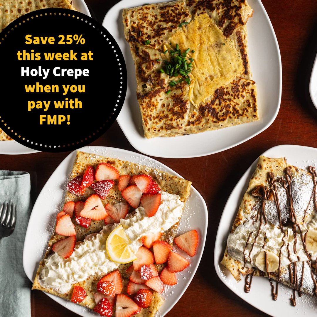 Save 25% this week at Holy Crepe when you pay with your Flatiron Meal Plan! Holy Crepe is located at 1650 Broadway, right at the corner of Broadway and Arapahoe, and serves up authentic sweet and savory crepes!