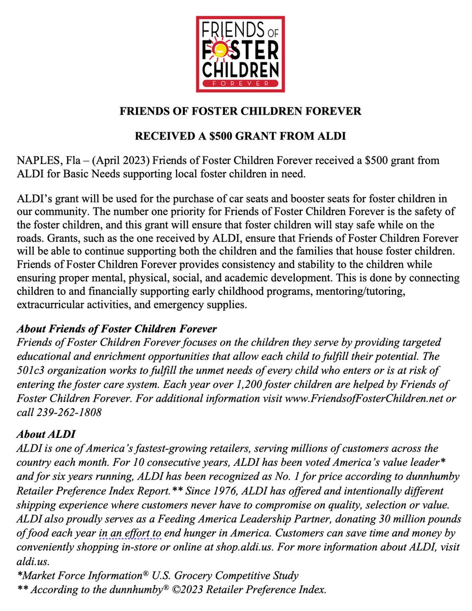 FosterSuccess_'s tweet photo. Friends of Foster Children Forever Received a $500 Grant from @AldiUSA https://t.co/x3dWCdr1f9