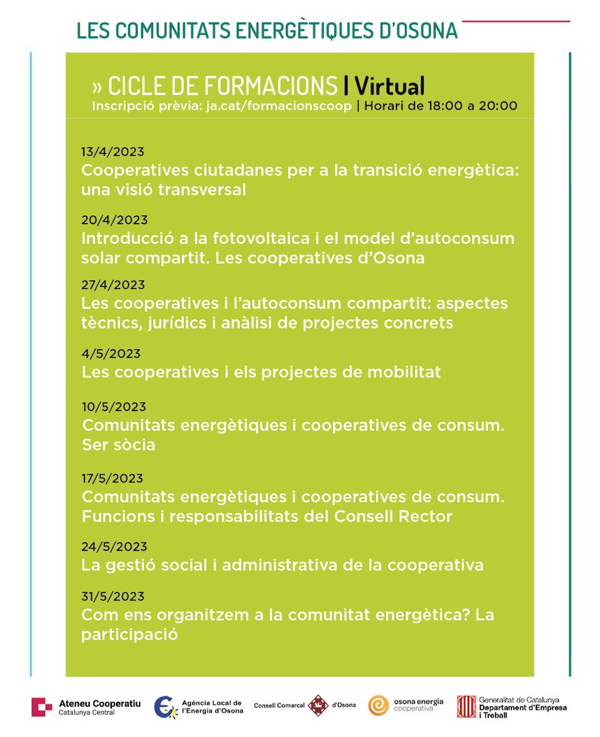 CoopCatCentral's tweet photo. #FORMACIONS

☀️ Les #comunitatsenergètiques d'Osona 

📆 Comencem el dia 13 amb una sessió sobre «Cooperatives ciutadanes per a la transició energètica: una visió transversal». N'hi haurà set més!

🕜 Els dijous, de 18h a 20h

✍️ Inscriu-te a https://t.co/lVH06MHamy https://t.co/QTtMTrFWcC