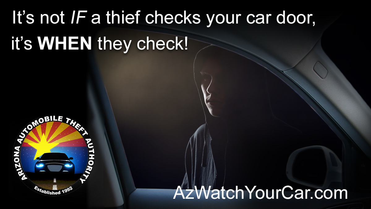 azautotheft's tweet photo. You are the first line of defense for your vehicle. #ParkSmartAZ - Lock doors, remove valuables, take keys. https://t.co/5DMTAJsnZV
