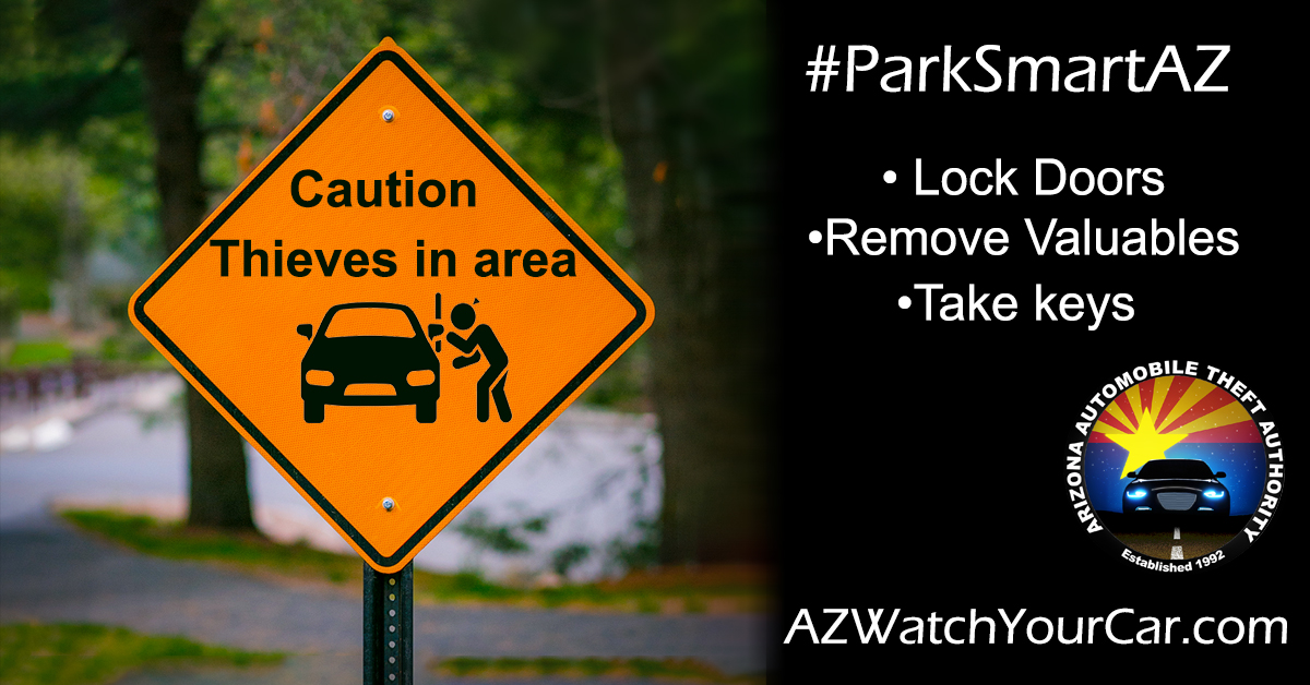azautotheft's tweet photo. There are a lot of events going on, but no matter where you go, remember to #ParkSmart.  Lock Doors. Remove Valuables. Take Keys. https://t.co/mUqZvub55H