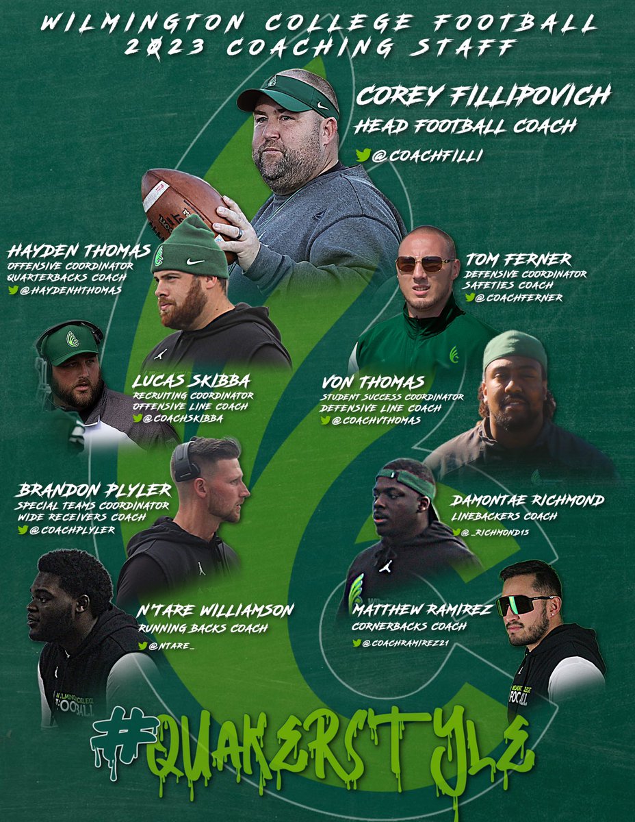 DubC_Football's tweet image. Introducing our 2023 Wilmington College Football Staff!

@CoachFilli 
@HaydenHThomas 
@CoachFerner 
@CoachPlyler 
@CoachVThomas 
@CoachSkibba 
@_Richmond15 
@NTare_ 
@CoachRamirez21 

#QuakerStyle ✊🟢⚪️