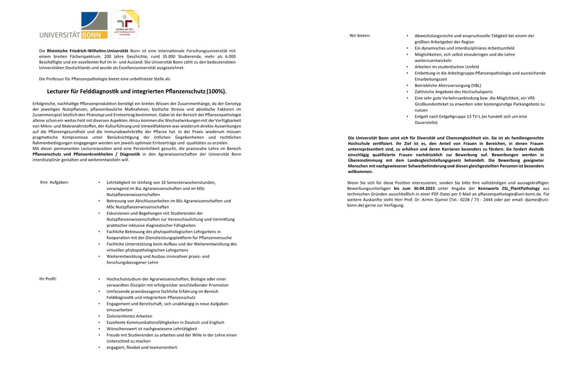 GabrielSchaaf's tweet photo. Please RT: Permanent Lecturer Position in Field Diagnostics and Integrated Pest Management at INRES @UniBonn.  Applications to Armin Djamei @effectomics at Plant Pathology, deadline April 30, 2023
https://t.co/KFRtFdjj3u https://t.co/WWN4fyHpfU