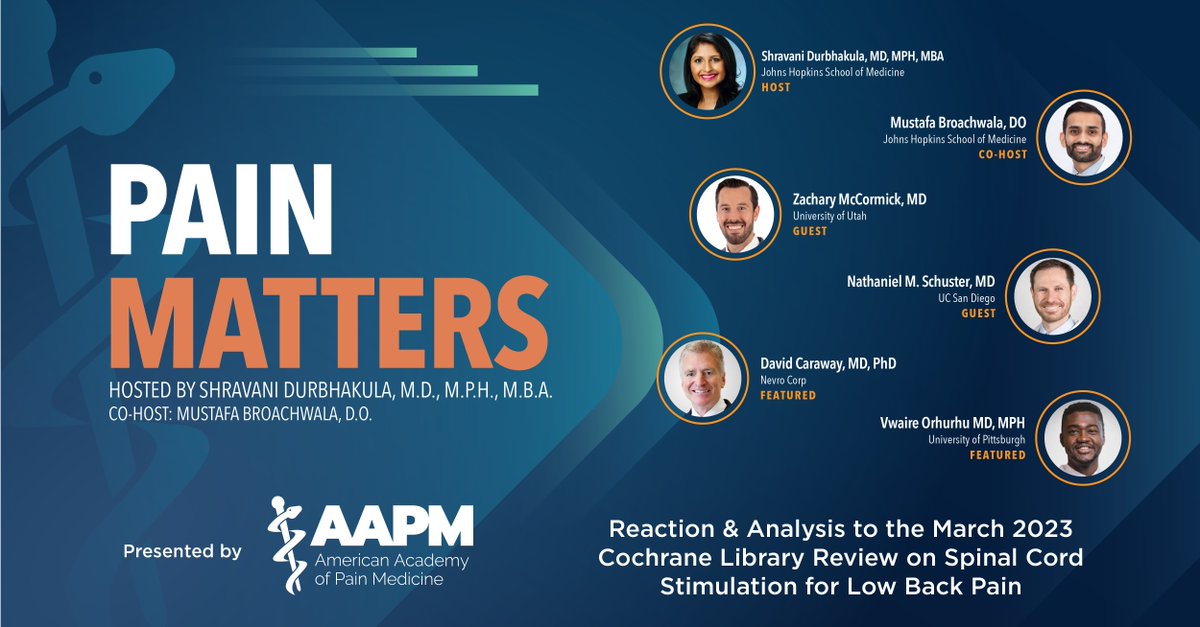 American Academy of Pain Medicine (AAPM) (@ameracadpainmed) on Twitter photo We break down Cochrane Library’s recent article on the effectiveness of Spinal cord Stimulation (SCS) with host <a href="/ShravaniD_MD/">Shravani Durbhakula, MD, MPH, MBA</a>, co-host <a href="/mbroach4/">Mustafa Broachwala</a> and guests <a href="/ZackMcCormickMD/">Zachary McCormick, MD</a>, <a href="/NatSchusterMD/">Nat Schuster</a>, <a href="/VwaireO/">Vwaire Orhurhu</a> & David Caraway, MD, Ph.D.
Link: painmed.org/reaction-analy… We break down Cochrane Library’s recent article on the effectiveness of Spinal cord Stimulation (SCS) with host <a href="/ShravaniD_MD/">Shravani Durbhakula, MD, MPH, MBA</a>, co-host <a href="/mbroach4/">Mustafa Broachwala</a> and guests <a href="/ZackMcCormickMD/">Zachary McCormick, MD</a>, <a href="/NatSchusterMD/">Nat Schuster</a>, <a href="/VwaireO/">Vwaire Orhurhu</a> & David Caraway, MD, Ph.D.
Link: painmed.org/reaction-analy…