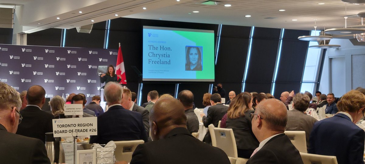 DPM <a href="/cafreeland/">Chrystia Freeland</a> addresses luncheon crowd at <a href="/TorontoRBOT/">Toronto Region Board of Trade</a>. She says yes, she biked here and thanked her RCMP security officer who biked her commute with her.