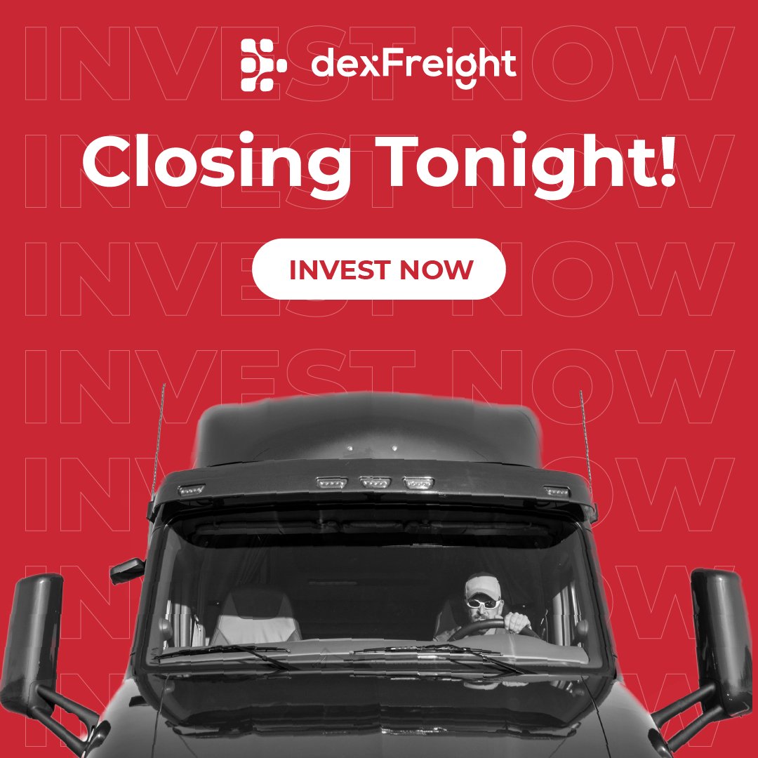 dexFreight's tweet photo. Last chance to invest in the future of logistics with @dexFreight! Our crowdfunding campaign is closing tonight! Don't miss out on the opportunity to be a part of our mission to transform the industry.
Invest now >> https://t.co/85WYijSAae
#dexFreight #crowdfunding #logistics https://t.co/g4oK7iOLug