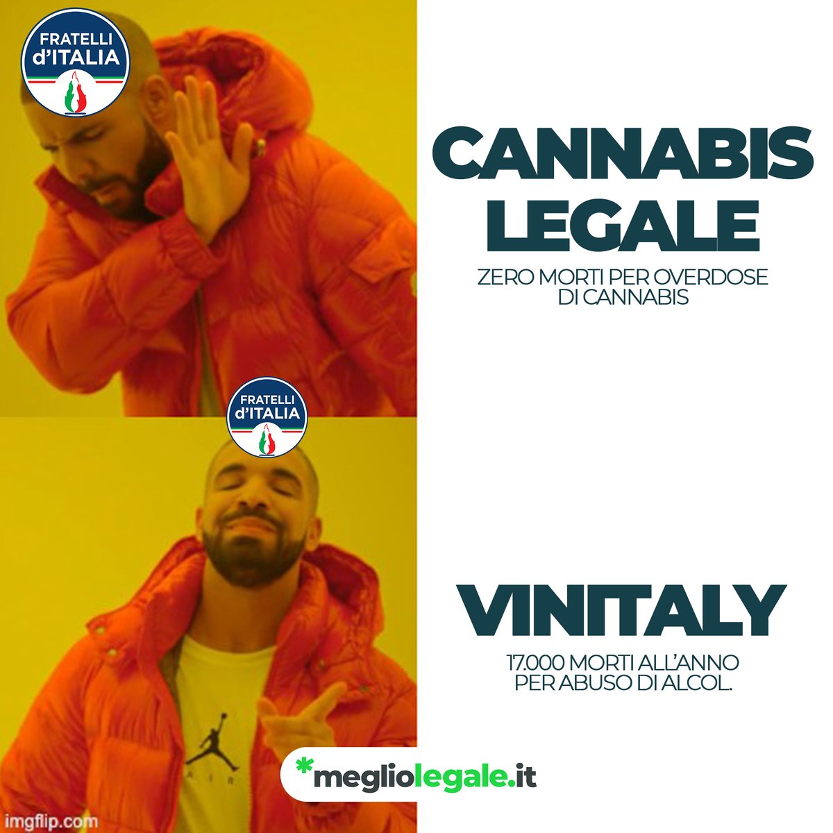In questi giorni al Vinitaly abbiamo assistito a un carosello di Ministri ed esponenti di Fratelli d'Italia fare dichiarazioni su quanto sia bello e importante il mercato vinicolo italiano.
Le stesse persone che non mancano mai di ribadire che la "cannabis uccide".
#MeglioLegale
