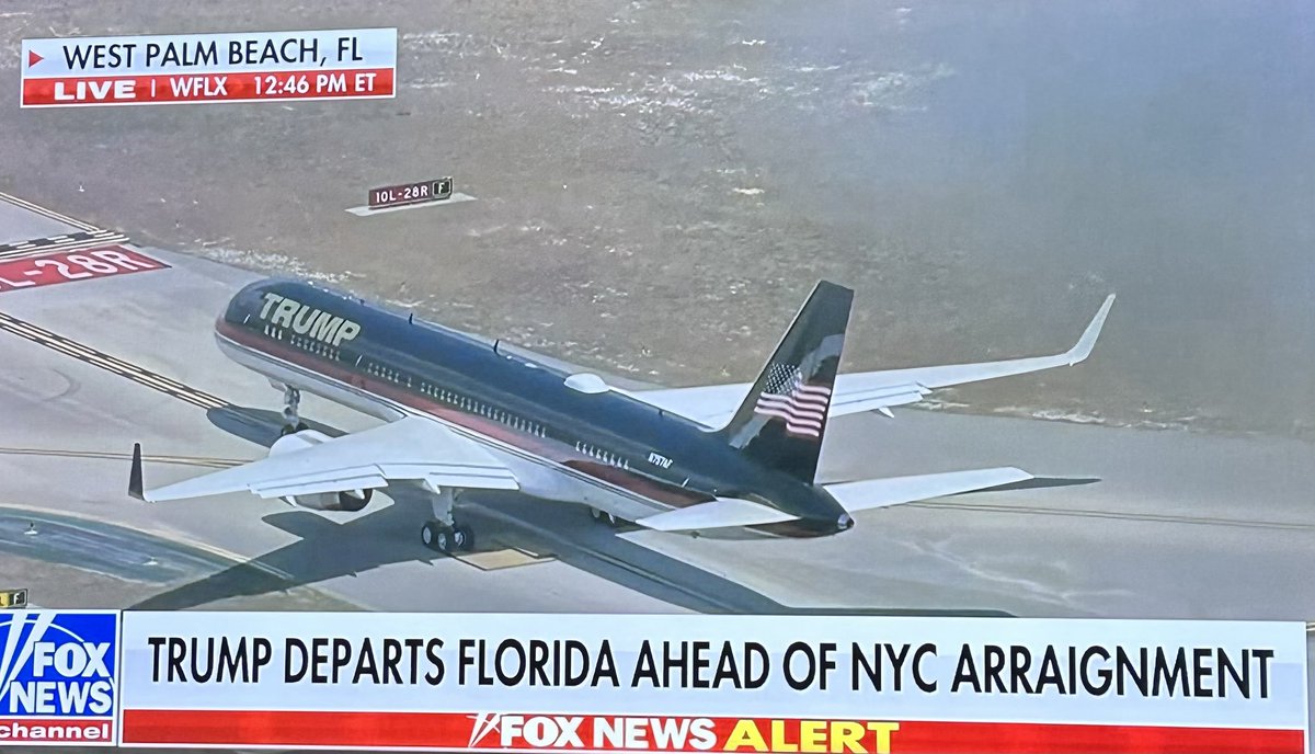 piersmorgan's tweet photo. Amazing moment in US history.. an American President in his jet on the tarmac in Palm Beach, about to fly to New York to be formally charged with criminal offences. https://t.co/V4IJAPgkGh