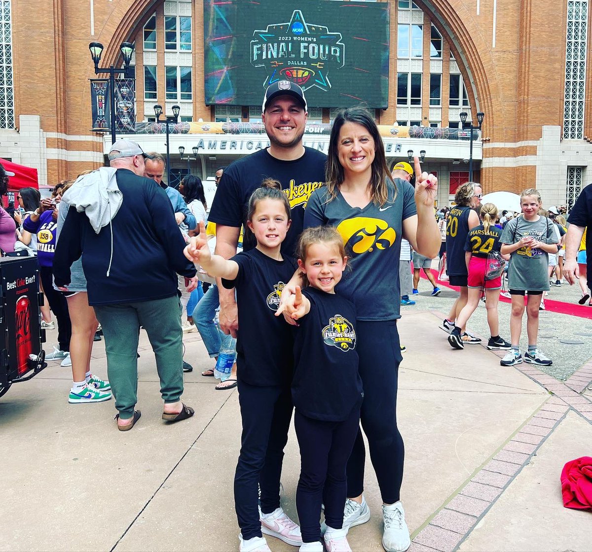 Kelly_Domino's tweet photo. I 💛 I live in a world where my girls see the hype around women’s sports!  Thank you @IowaWBB for an incredible ride this year! From meeting @CaitlinClark22 at the ICubs game to THAT shot to beat IU to the championship in Dallas and everything in between!  🖤💛🖤💛 https://t.co/5Yk40SwqnE
