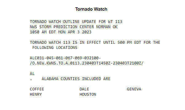 Jasamsdestiny's tweet image. #Alabama Tornado Watch is in effect until 5pm 

#CoffeeCounty
#DaleCounty
#GenevaCounty
#HenryCounty
#HoustonCounty

#TornadoWatch #alwx #Tornado #severeweather #wxtwitter