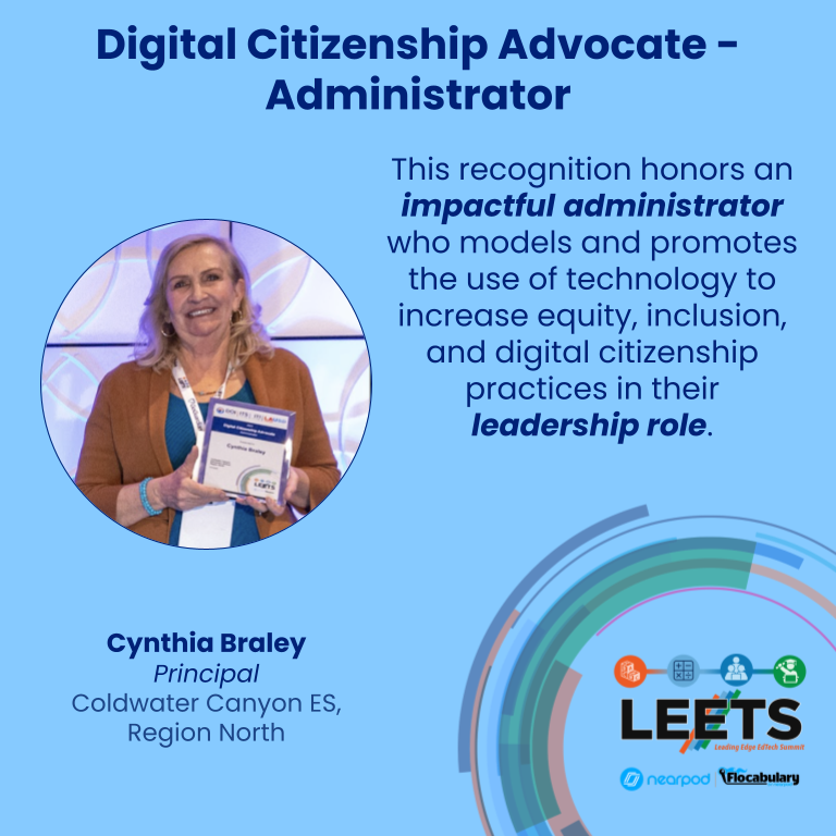 Join us in celebrating @principalcwc @LASchoolsNorth! Recognized as a #LEETS23 administrator honoree, she demonstrates empowered learning, accomplished teaching and impactful leadership through edtech! Thank you for being a Digital Citizenship Advocate! #DigCitLA #EmpoweredByITI