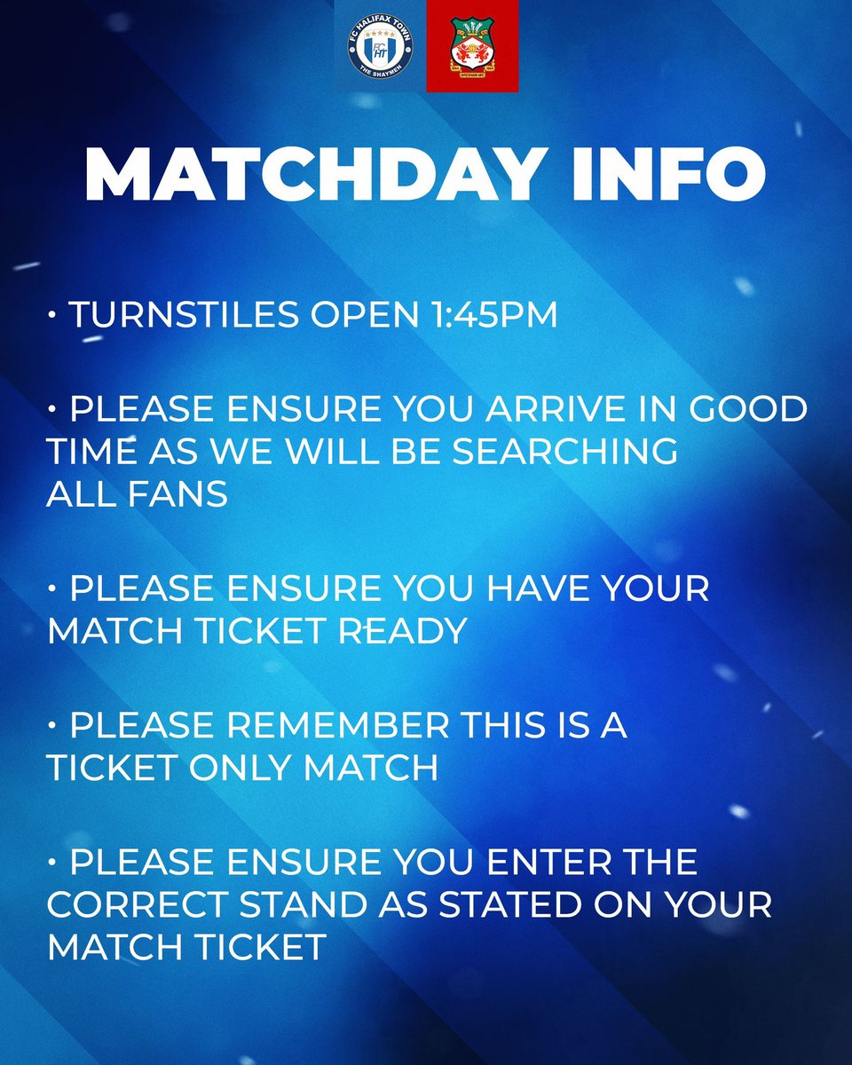 🚨 IMPORTANT MATCH INFO | 

Ahead of our fixture against <a href="/Wrexham_AFC/">Wrexham AFC</a> we'd ask all supporters to read the following information.

#Shaymen | LD