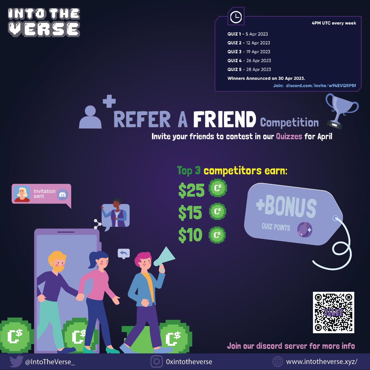 royn_eha's tweet photo. Join our #quiz &amp; #Discord referral comp @IntoTheVerse_! Top 3️⃣ referrers win crypto rewards, and top 5️⃣ win quiz points🔸 to boost their ranking on our leaderboard. Invite your friends to our community and join the fun! #crypto #community

Join us today: https://t.co/CGNhYCDwwP https://t.co/vkYvd2ZDym