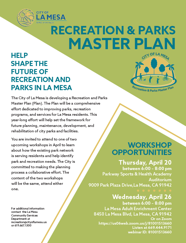 LMparksandrec's tweet photo. There are two upcoming workshop opportunities for the Recreation and Parks Master Plan. 
In person event at Parkway Academy on April 20 from 6-8 PM. Or Hybrid at the Adult Enrichment Center and on zoom on April 26 from 6-8 PM. https://t.co/uLPOdR0gfO