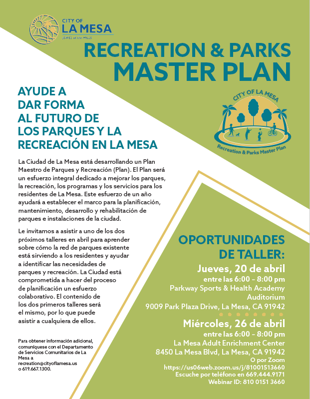 There are two upcoming workshop opportunities for the Recreation and Parks Master Plan. 
In person event at Parkway Academy on April 20 from 6-8 PM. Or Hybrid at the Adult Enrichment Center and on zoom on April 26 from 6-8 PM.