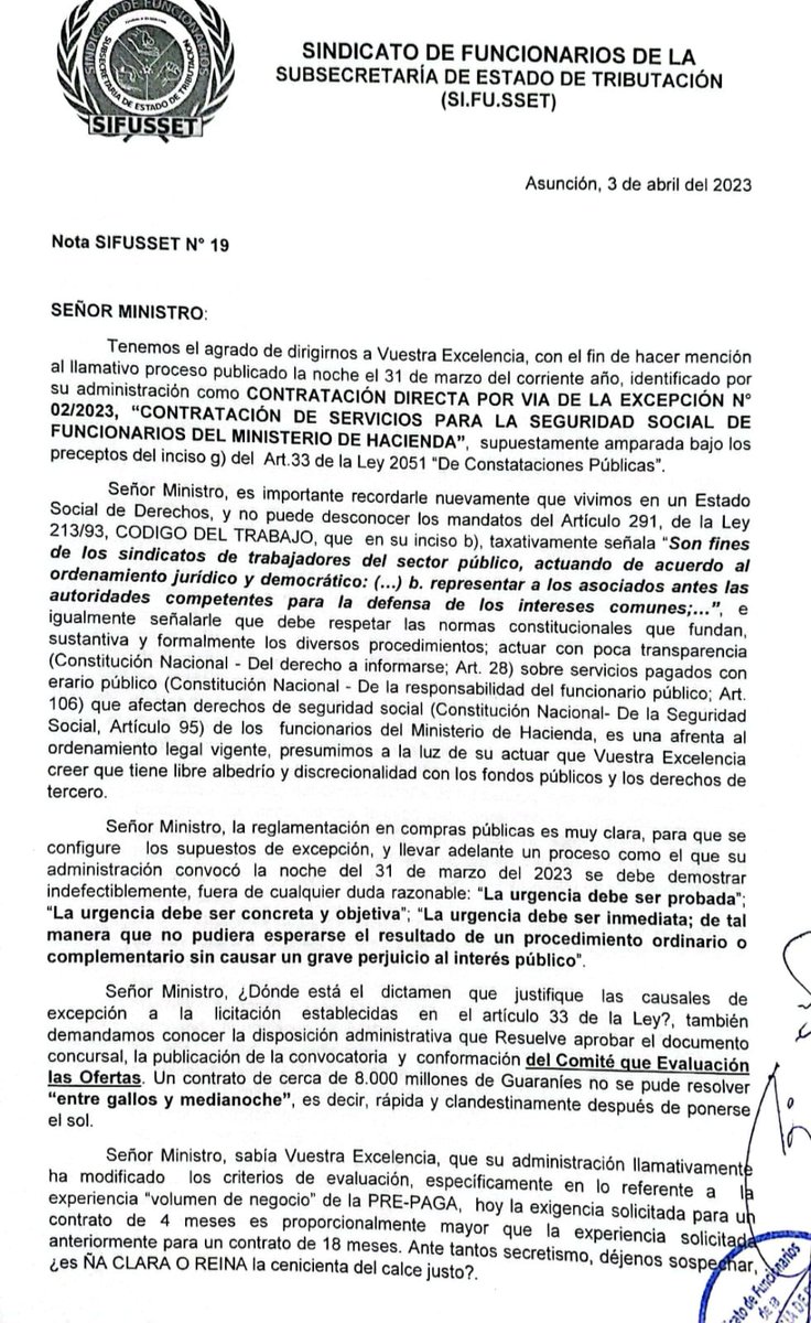 SetSindicato's tweet photo. MINISTRO @OscarLlamosas EN TUS MANOS ESTÁ LA SALUD DE LOS FUNCIONARIOS DEL MINISTERIO DE HACIENDA @MaritoAbdo @OscarOrue @UltimaHoracom @LaNacionPy @ABCCardinal @ABCDigital @dncp_py https://t.co/uK5Bv0j2ag