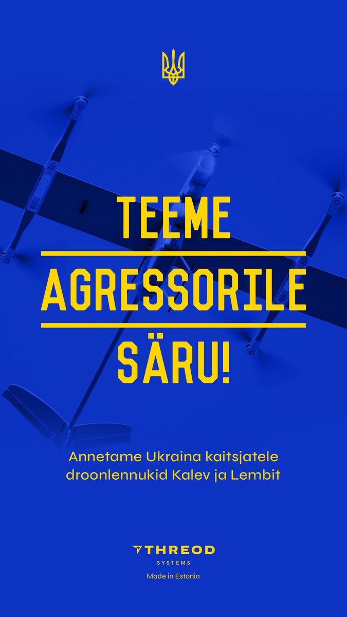 Valmisid Ukrainasse appi tõttavate droonide Kalev ja Lembit uued kampaaniavisuaalid. Jagamiseks Facebookis, Instagramis jne. Palun toetage kampaaniat annetustega. Pilte jagades lisage alati link: toeta.me/projects/aitam…
Ukraina võitku! #agressorilesäru #slavaukraini #eestieest