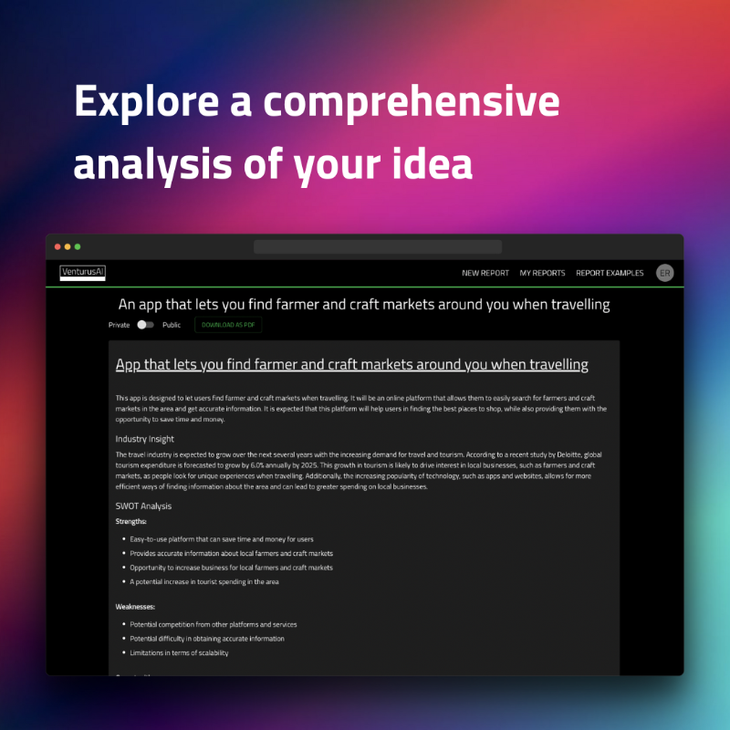 VenturusAI's tweet photo. Do you have a business idea in mind? 

Take advantage of #VenturusAI's instant &amp; extensive analysis to uncover insights on industry trends, business frameworks or marketing strategies to help you bring your vision to life  🚀