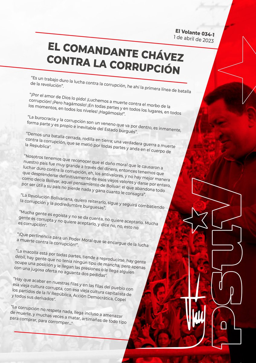 jaarreaza's tweet photo. En el #VolanteComunal del @PartidoPSUV de esta semana, presentamos varias reflexiones del Comandante Pueblo Hugo Chávez sobre la corrupción y la necesidad de combatirla y erradicarla. https://t.co/OU49Lb1EMR