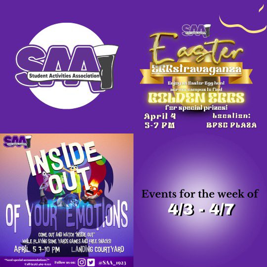 Make sure to come out this week! 
Easter Eggstravaganza on April 4th, 2023 at the BPSC PLAZA from 5:00-10:00pm
Inside out of your emotions on April 5th, 2023 at the Landing Courtyardfrom 7:00-10:00pm
#sfasu #axeem #saa_1923