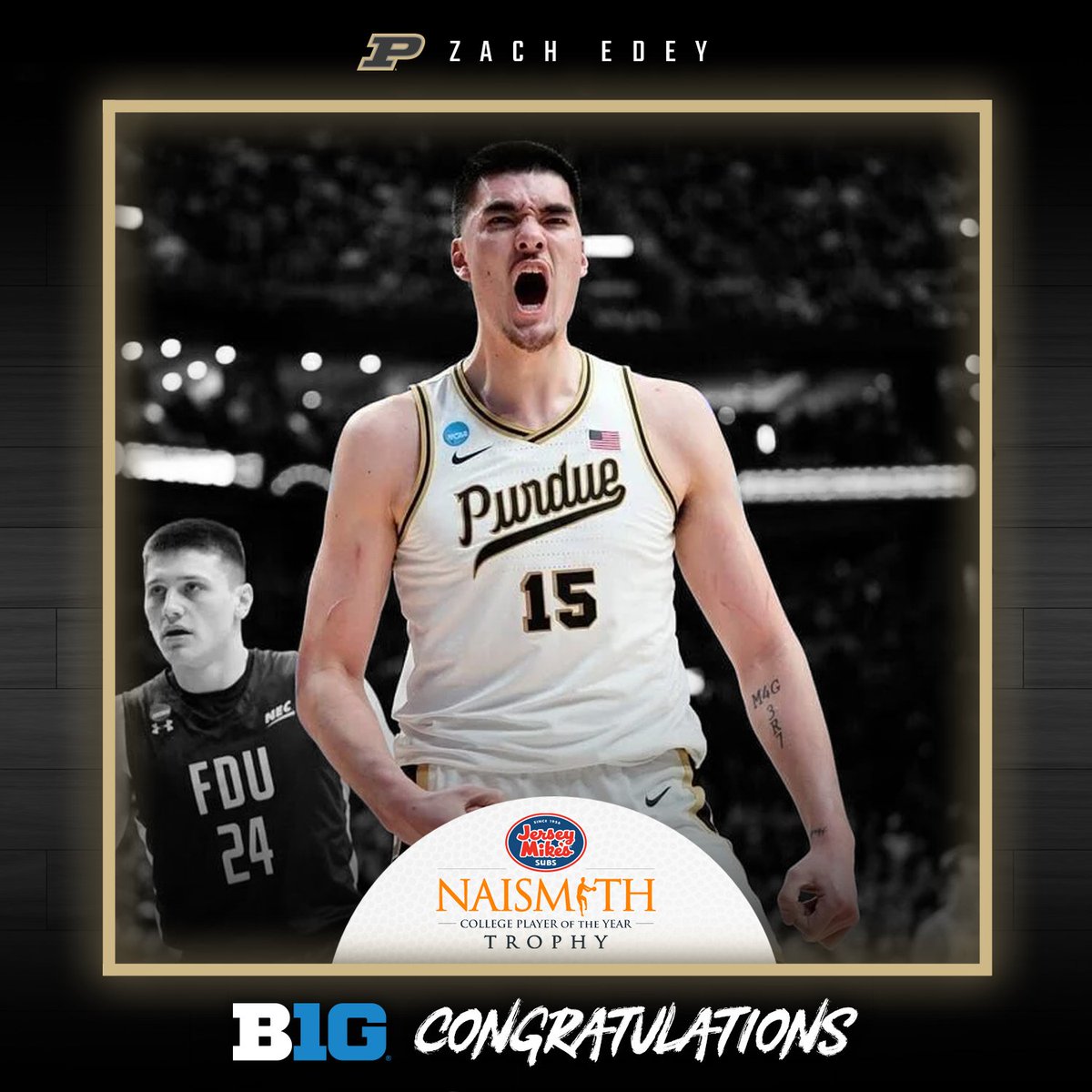 𝘾𝙤𝙣𝙜𝙧𝙖𝙩𝙪𝙡𝙖𝙩𝙞𝙤𝙣𝙨 to <a href="/boilerball/">Purdue Men's Basketball</a>'s Zach Edey - the 2023 Jersey Mike’s <a href="/NaismithTrophy/">Naismith Awards</a> Player of the Year! 👏 #B1GMBBall

🔗  bit.ly/40CdHrW