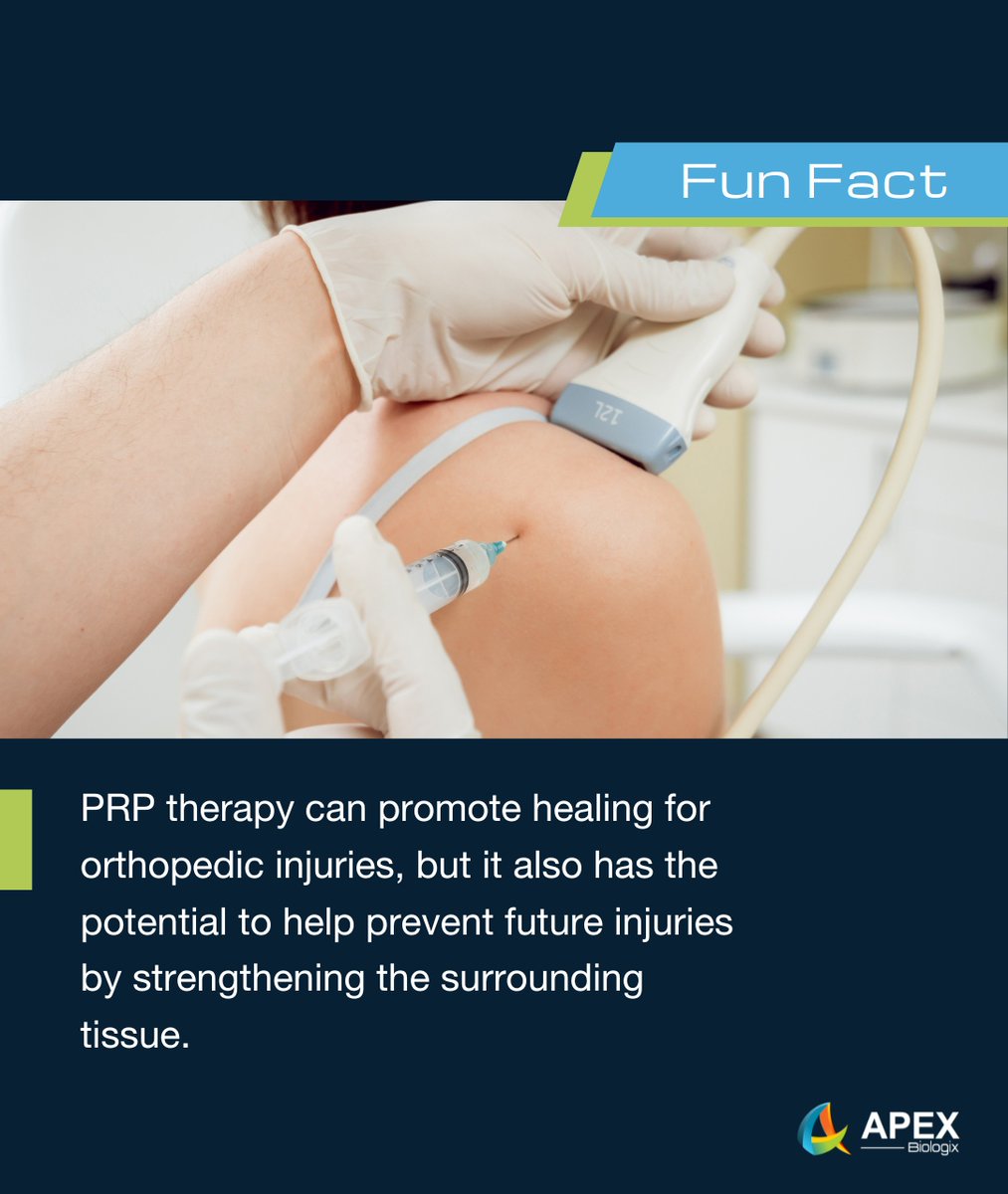 Apex_Biologix's tweet photo. Fun fact: PRP therapy can promote healing for orthopedic injuries, but it also has the potential to help prevent future injuries by strengthening the surrounding tissue.
Find out more at https://t.co/IvR70hOoAM
#PRP #PRPInjections #regenerativemedicine #orthobiologics https://t.co/Uj5p7waFPm