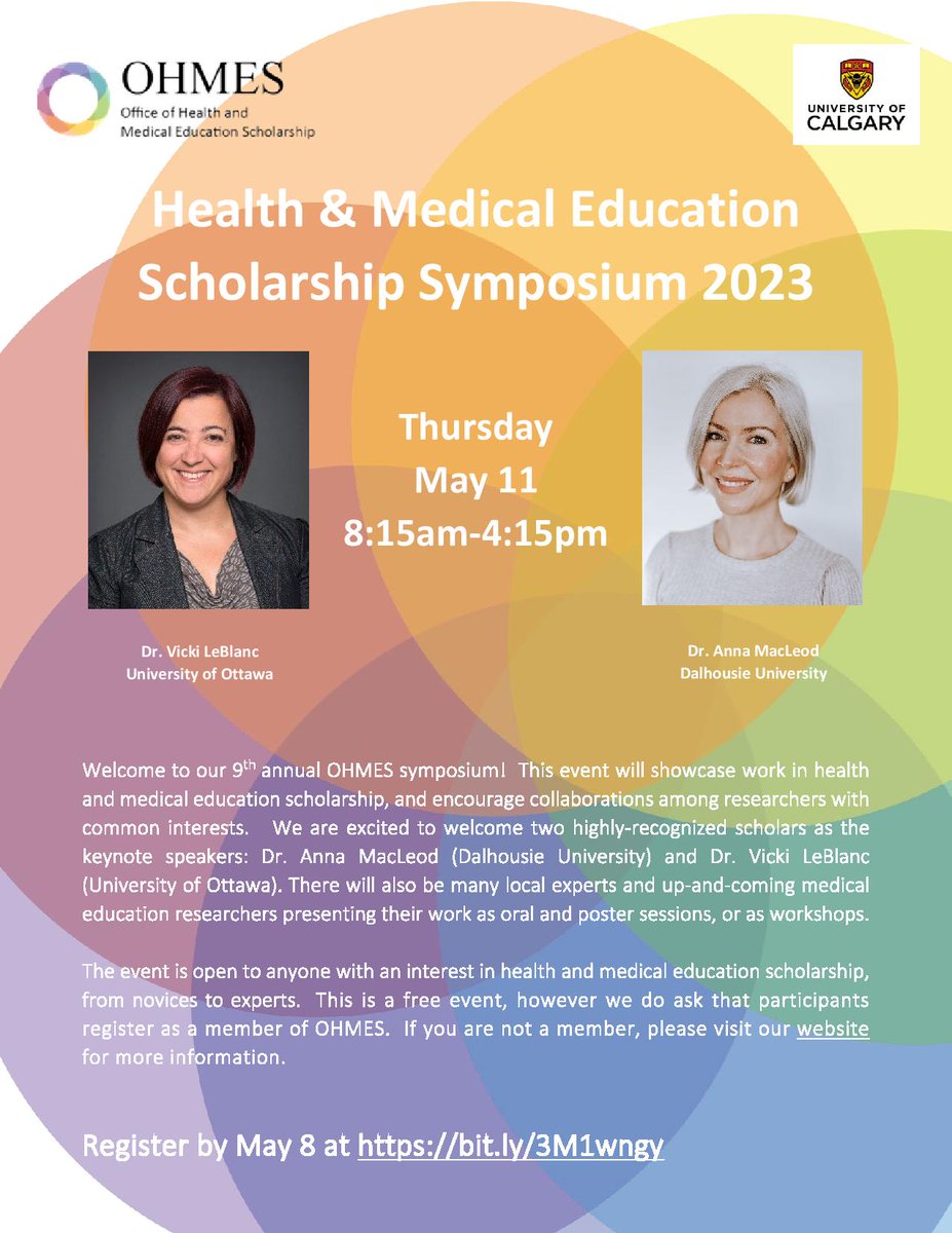 Join us for the 9th annual Health &amp; Medical Education Scholarship Symposium on May 11!  Register at bit.ly/3M1wngy, preliminary program available at cumming.ucalgary.ca/office/ohmes
#OHMESsymposium