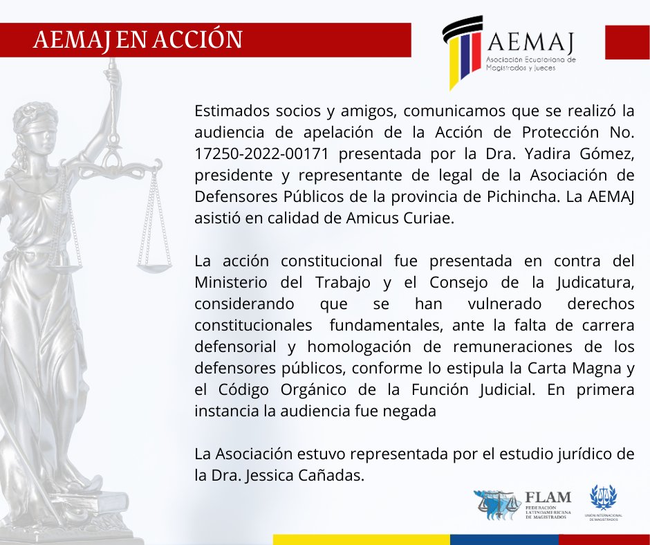 AsoJuecesEc's tweet photo. #AEMAJenAcción Comunicamos que se realizó la audiencia de apelación de la AP presentada por la Dra. Yadira Gómez, presidente de la Asociación de Defensores Públicos de Pichincha. La AEMAJ asistió en calidad de Amicus Curiae y estuvo representada por la Dra. @JessicaCanadas https://t.co/RHoKUjom9L