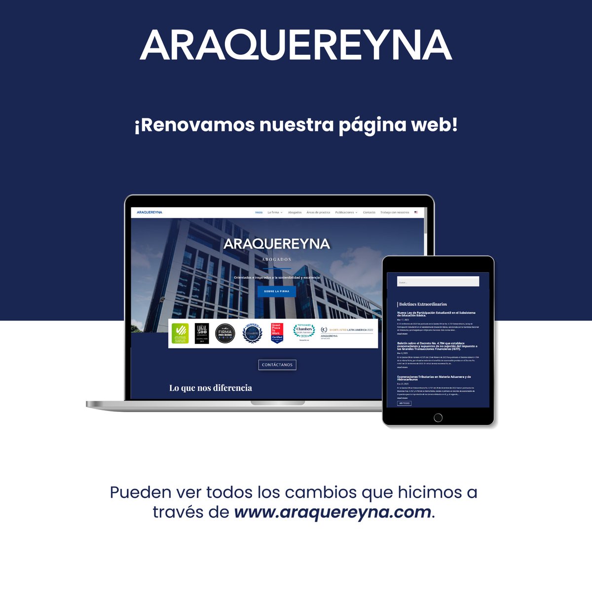 ¡Comenzamos abril con buen pie al renovar nuestra página web! 💻

Pueden encontrar nuestra página web actualizada en el siguiente link: araquereyna.com

#ARAQUEREYNA #páginaweb