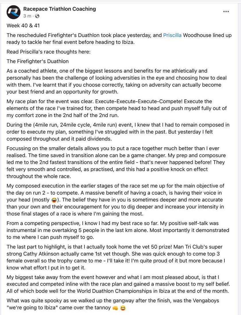 <a href="/CillsWoodhouse/">Priscilla Woodhouse</a> The rescheduled Firefighter's Duathlon took place yesterday, and <a href="/CillsWoodhouse/">Priscilla Woodhouse</a> lined up ready to tackle her final event before heading to Ibiza.
Read Priscilla's race thoughts here: