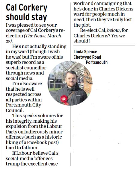 CalCorkery's tweet photo. Over the past few weeks and months we've been overwhelmed by the support from local residents - thank you Linda for your letter in today's edition of The News, Portsmouth #ReElectCal https://t.co/GdwA0Wp0WD