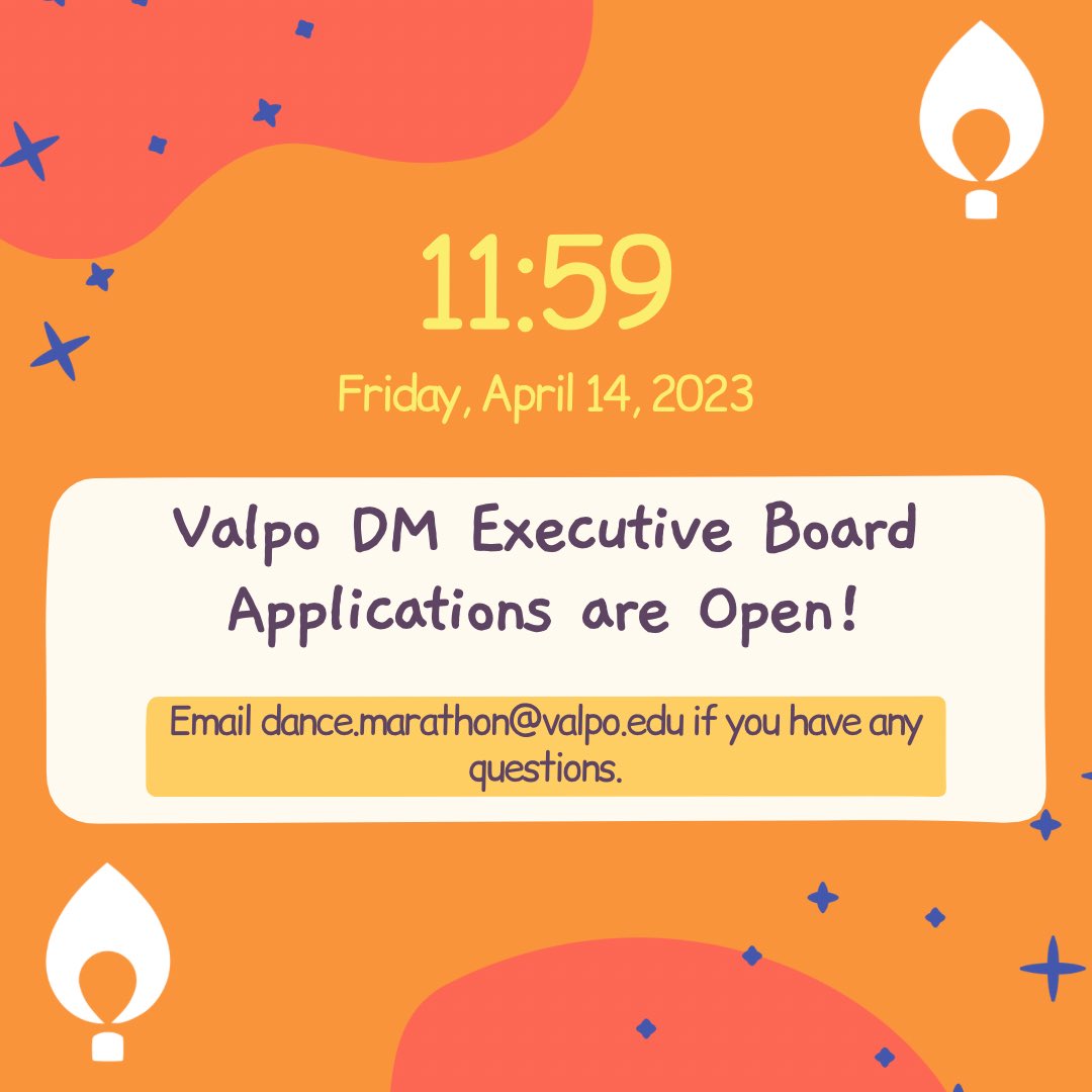 Now that our 11th annual Valpo DM is over, it’s already time to start thinking about Year 12!

Our Executive Board applications for the 2024 Valparaiso University Dance Marathon are now open!

Here is the link to apply: docs.google.com/forms/d/e/1FAI… 

 #kidscantwait 🌈⭐️