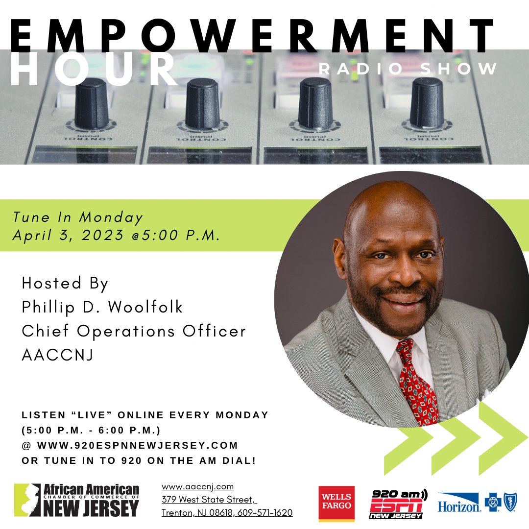 AACCNJ's tweet image. Tune in this evening for the latest episode of AACCNJ's Empowerment Hour Radio Show featuring:  Denise Peoples &amp;amp; Austin J. Edwards, Esq. !
#aaccnj #Empowermenthour #Radioshow #EdwardsInvestmentsLLC #NJSharingNetwork #Wellsfargo #HBCBS