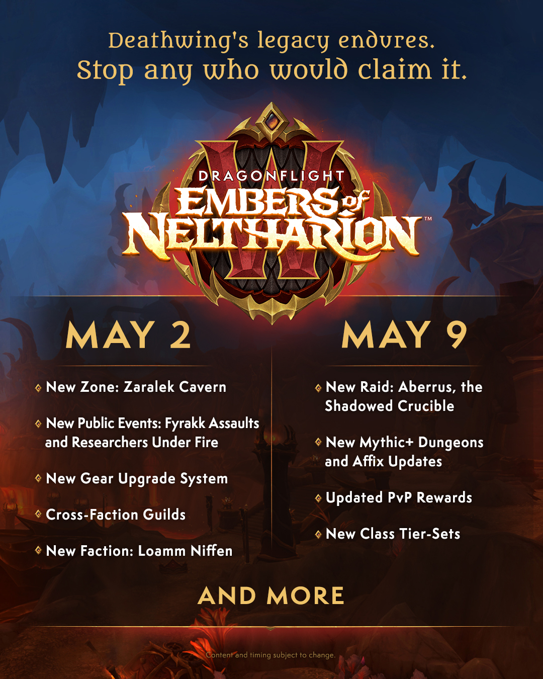 An image with the Embers of Neltharion logo and a table of information for the new patch. The logo has the text “Dragonflight – Embers of Neltharion” over a modified version of the WoW logo, with a crimson red “W” over black dragon scales and ornate and jagged gold metal as a frame. Text above the logo reads “Deathwing’s legacy endures. Stop any who would claim it.” The table fills the bottom half of the image and is divided into two sections of bullet points describing key features. The left section is labeled “May 2” and the right section is labeled “May 9”. The text “And more” is at the bottom of the table. Small print at the very bottom reads “Content and timing subject to change.” The background is an exterior view of the new Aberrus raid instance in Zaralek Cavern, with amber magma illuminating the ground and foggy blue light above..