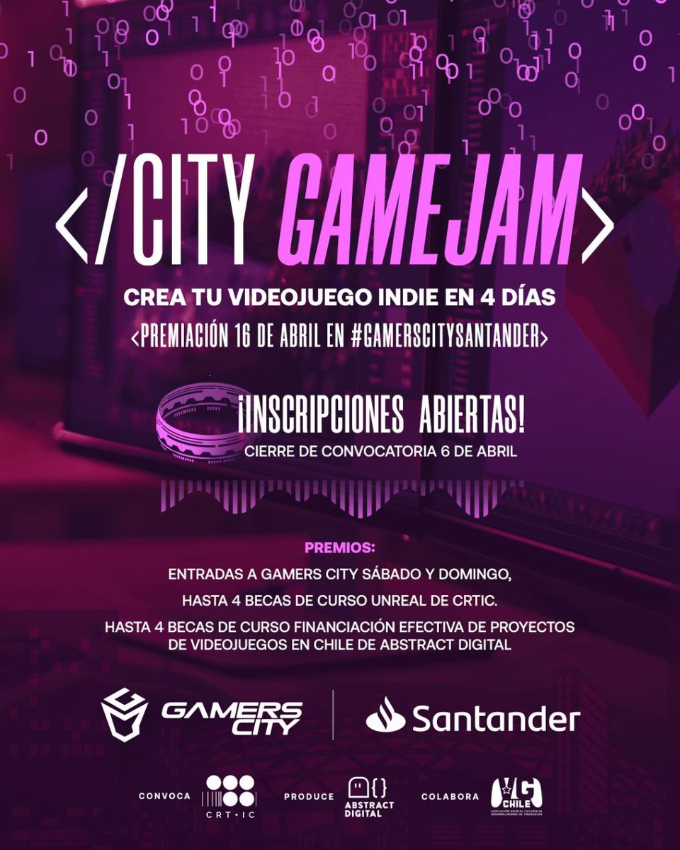 💡En el marco de <a href="/GamersCityCL/">Gamers City</a> vamos a desarrollar una #GameJam! 🕹️

El plazo de inscripción es hasta el 6 de abril. Les dejamos el link con las bases y la forma de postular. docs.google.com/forms/d/e/1FAI…
¡Te esperamos! 🦾👾👯🚀🤖