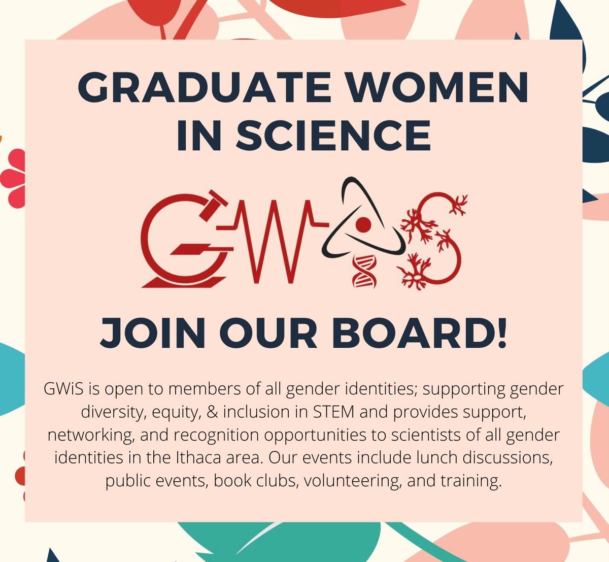GWiSCornell's tweet photo. Want to help plan future events that promote gender diversity, equity, and inclusion for gender minorities in STEM? Join our executive board and help GWiS keep up community programming that happens throughout the year! Fill out our interest form: https://t.co/l71q5othun https://t.co/3MN0S3Beac