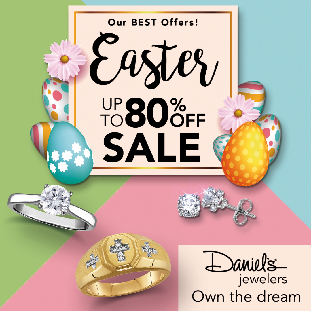 IngramParkMall's tweet photo. Daniel's Jewelers Easter Sale is happening NOW! Get up to 80% OFF ALL Fine Jewelry + FREE GIFT with purchase! Plus, everyone is 100% approved for in-house financing.  See store for details. https://t.co/F8IIEienNY